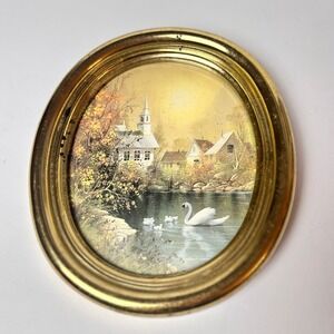 Vintage 1987 Homco Oval Gold Framed Swan Church Autumn Landscape Print 7.5x6.5